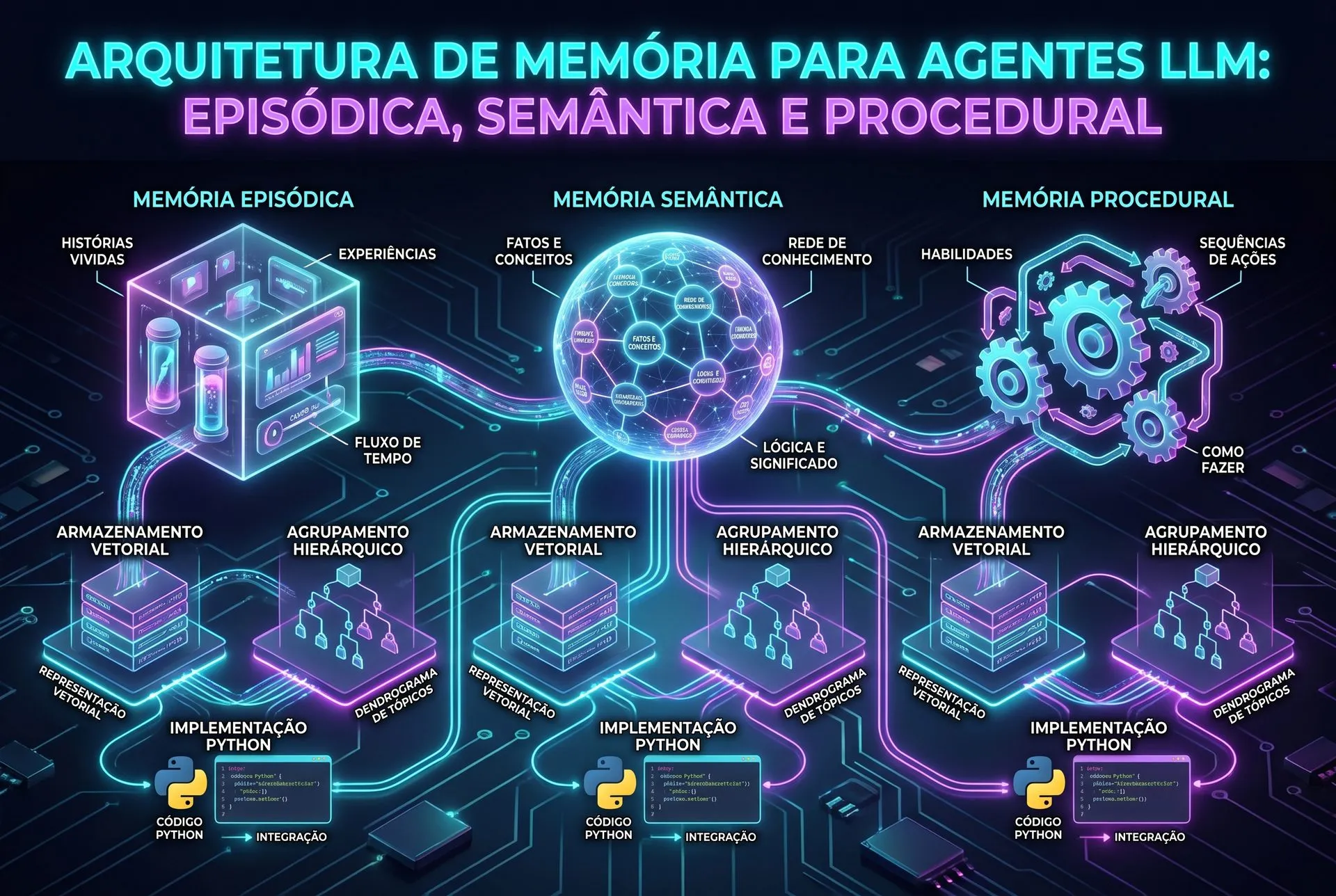 Diagrama 3D isométrico comparando a janela de contexto volátil do LLM com bancos vetoriais hierárquicos persistentes