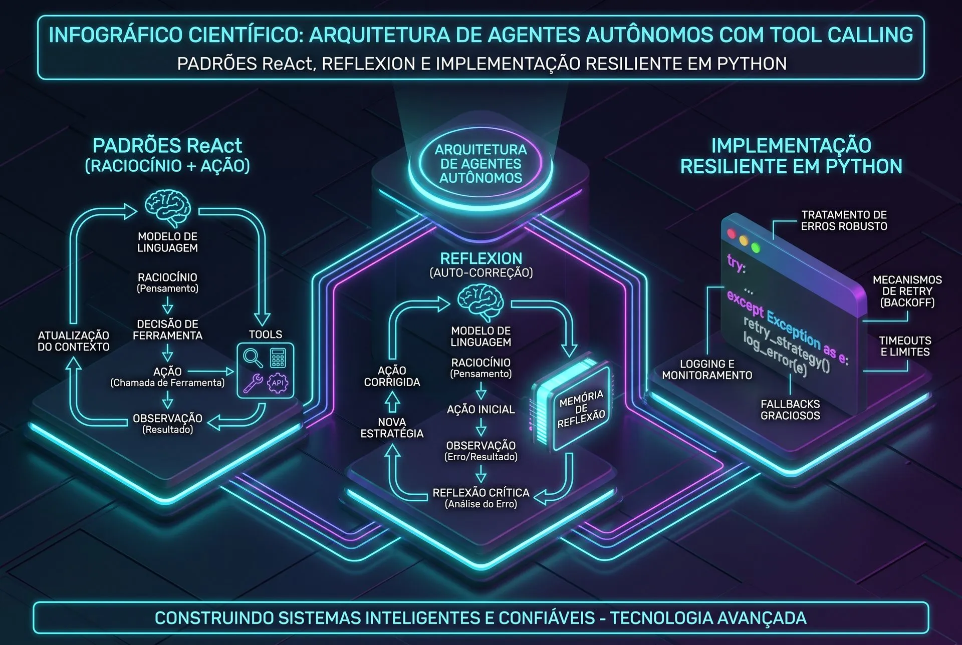 Diagrama 3D isométrico do ciclo de execução e memória de um agente autônomo de inteligência artificial