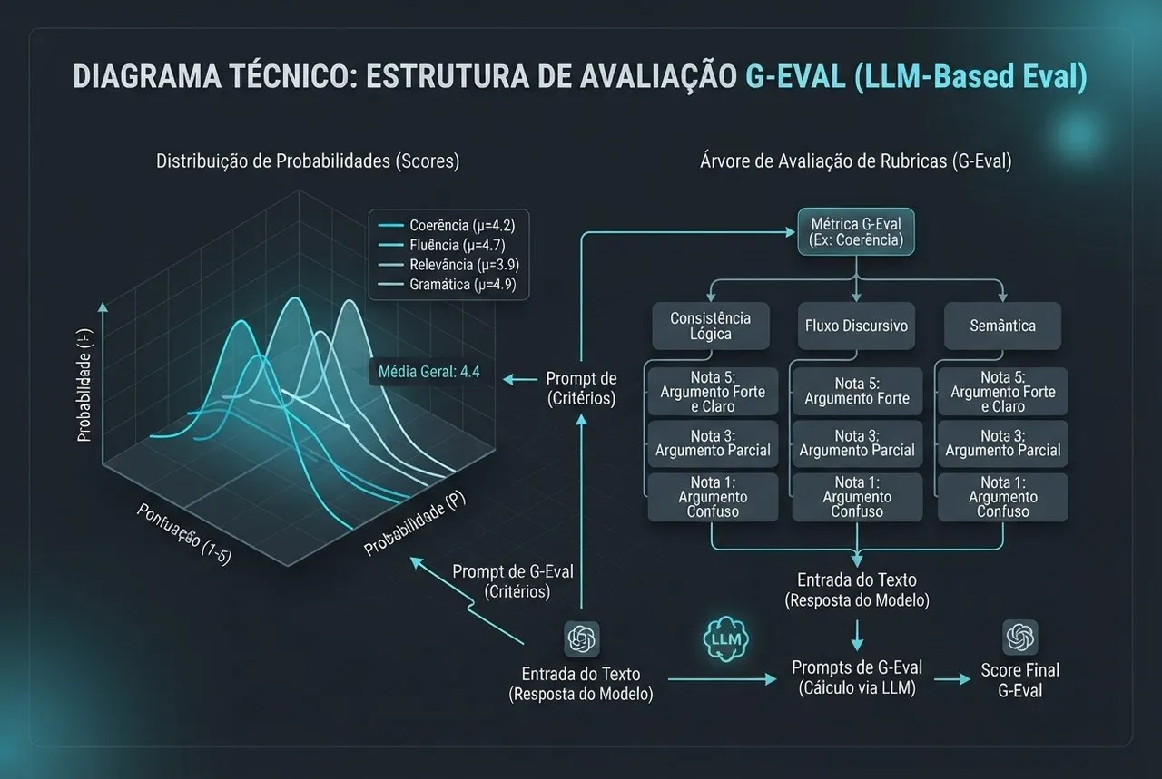 Diagrama 3D isométrico demonstrando a árvore de rubricas G-Eval e a curva de probabilidades ponderadas por logprobs