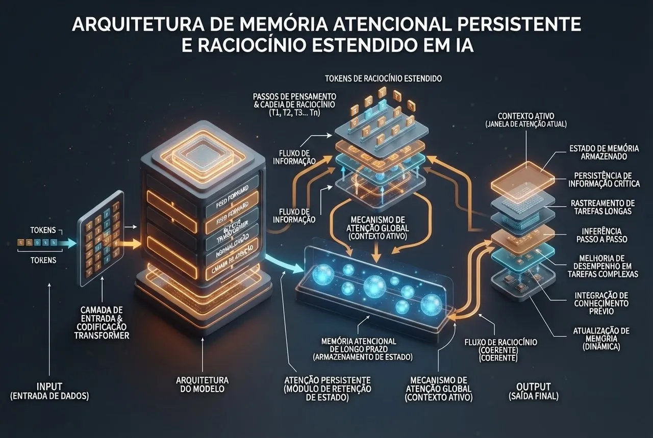 Diagrama 3D esquemático demonstrando a memória atencional de 1 milhão de tokens e o modo de raciocínio transparente do Claude Fable 5.1